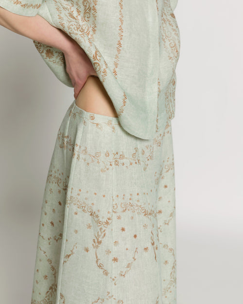 Printed linen midi skirt