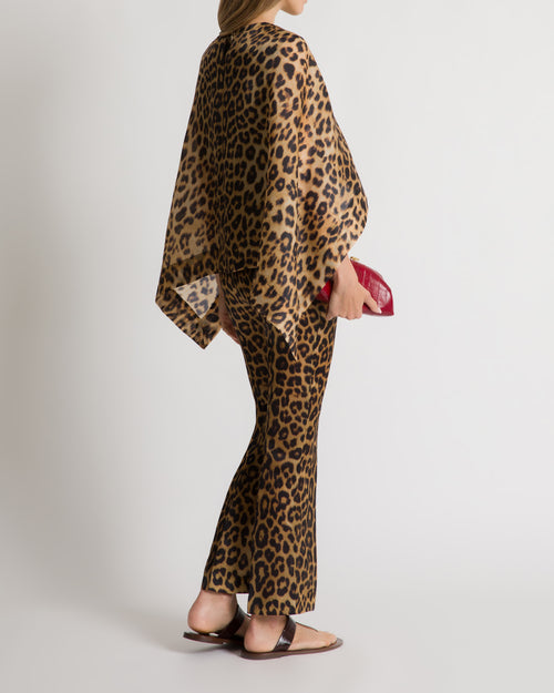 Top cappa in organza di seta stampa leopardata 