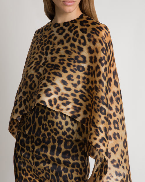 Top cappa in organza di seta stampa leopardata 