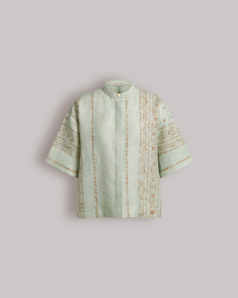 Printed linen shirt with mandarin collar Light blue Alberta Ferretti Boutique Online 0
