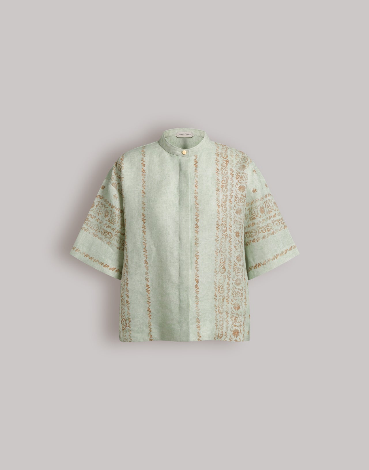Printed linen shirt with mandarin collar Light blue Alberta Ferretti Boutique Online 1