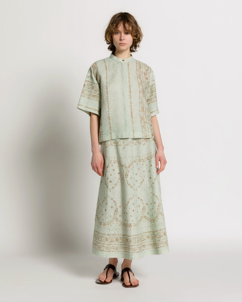 Printed linen shirt with mandarin collar Light blue Alberta Ferretti Boutique Online 1