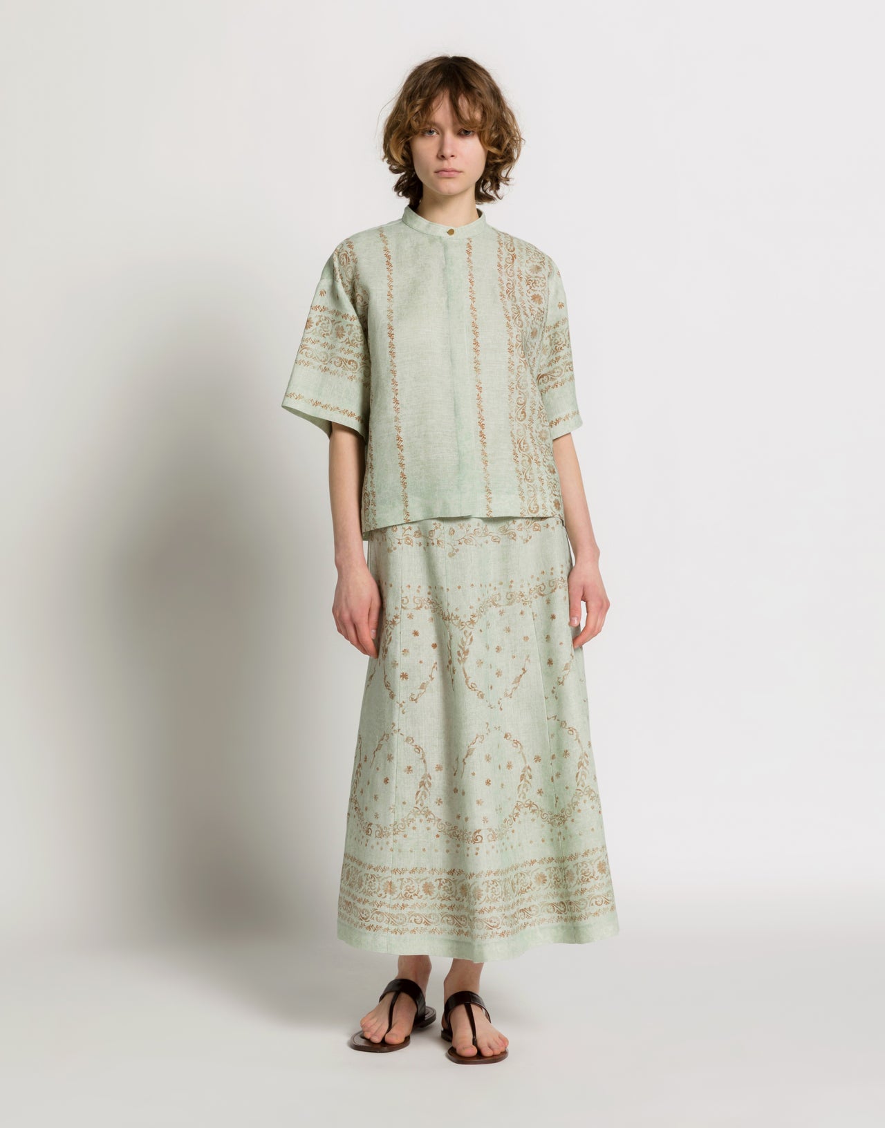 Printed linen shirt with mandarin collar Light blue Alberta Ferretti Boutique Online 2