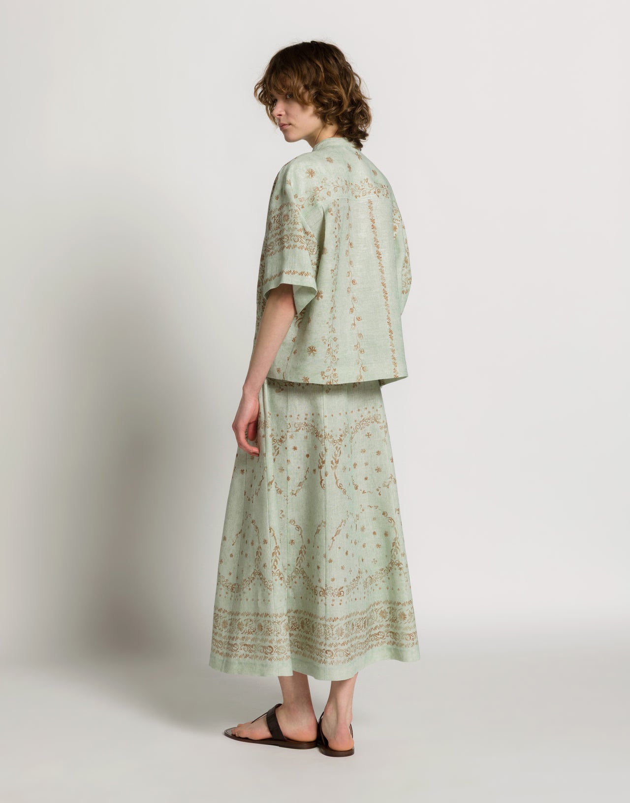 Printed linen shirt with mandarin collar Light blue Alberta Ferretti Boutique Online 3