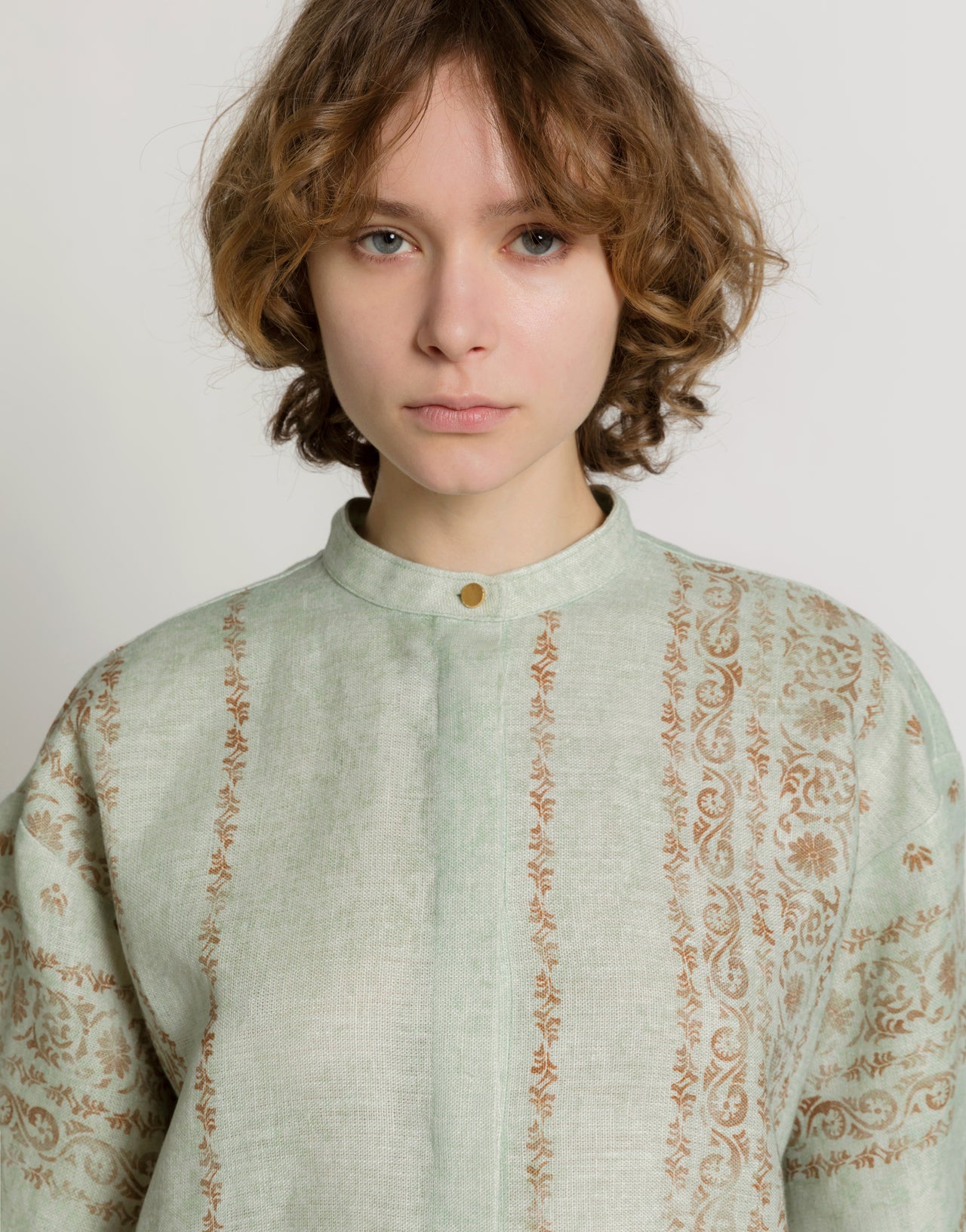 Printed linen shirt with mandarin collar Light blue Alberta Ferretti Boutique Online 4
