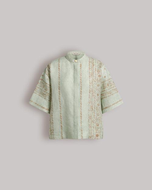 Chemise en lin imprimé avec col coréen Bleu Alberta Ferretti Boutique Online 0