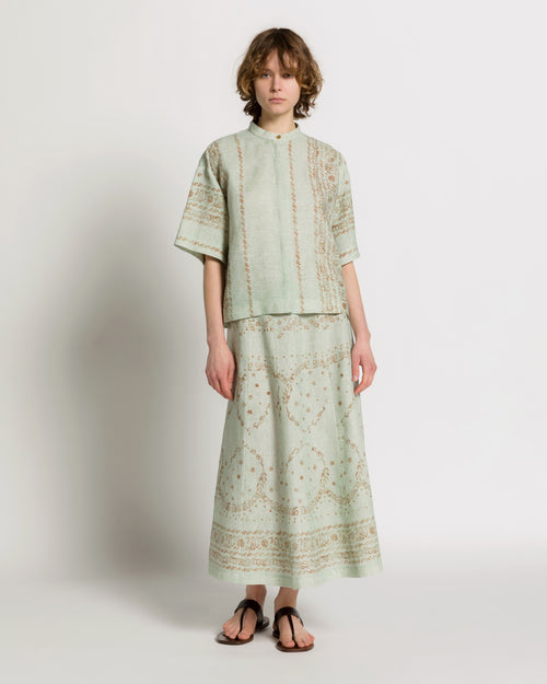 Chemise en lin imprimé avec col coréen Bleu Alberta Ferretti Boutique Online 1