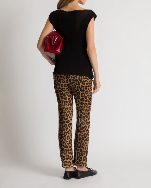 Pantaloni dritti in organza di seta leopardata