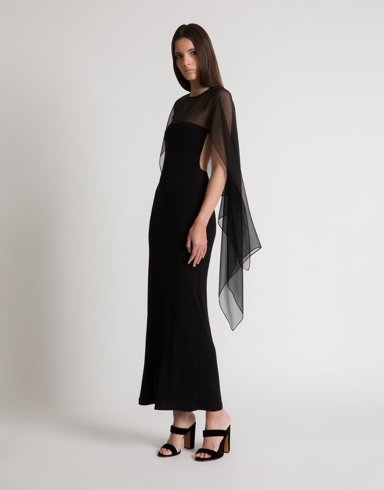 Abito lungo con maniche in chiffon Nero Alberta Ferretti Boutique Online 2
