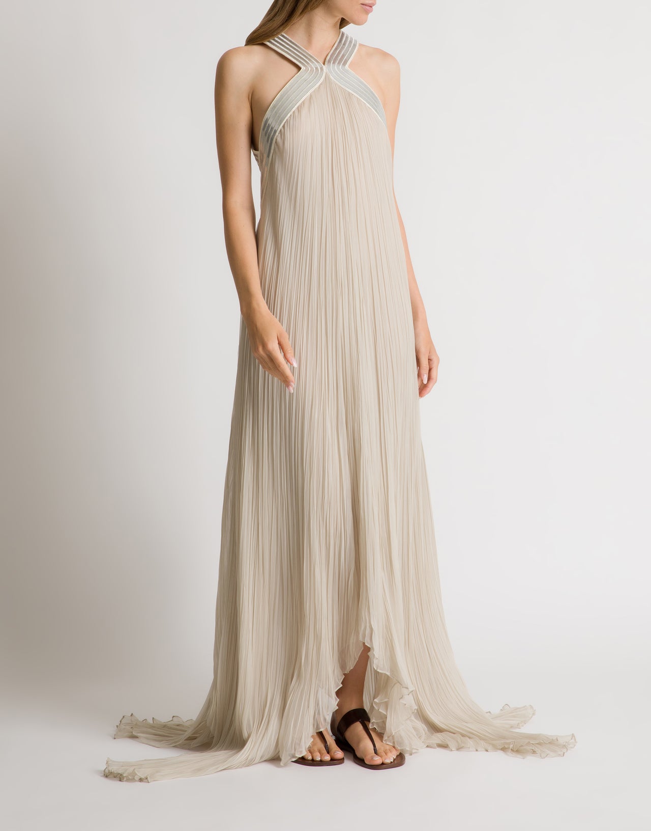 Plissé chiffon gown with metallic embroidered collar Grey Alberta Ferretti Boutique Online 2