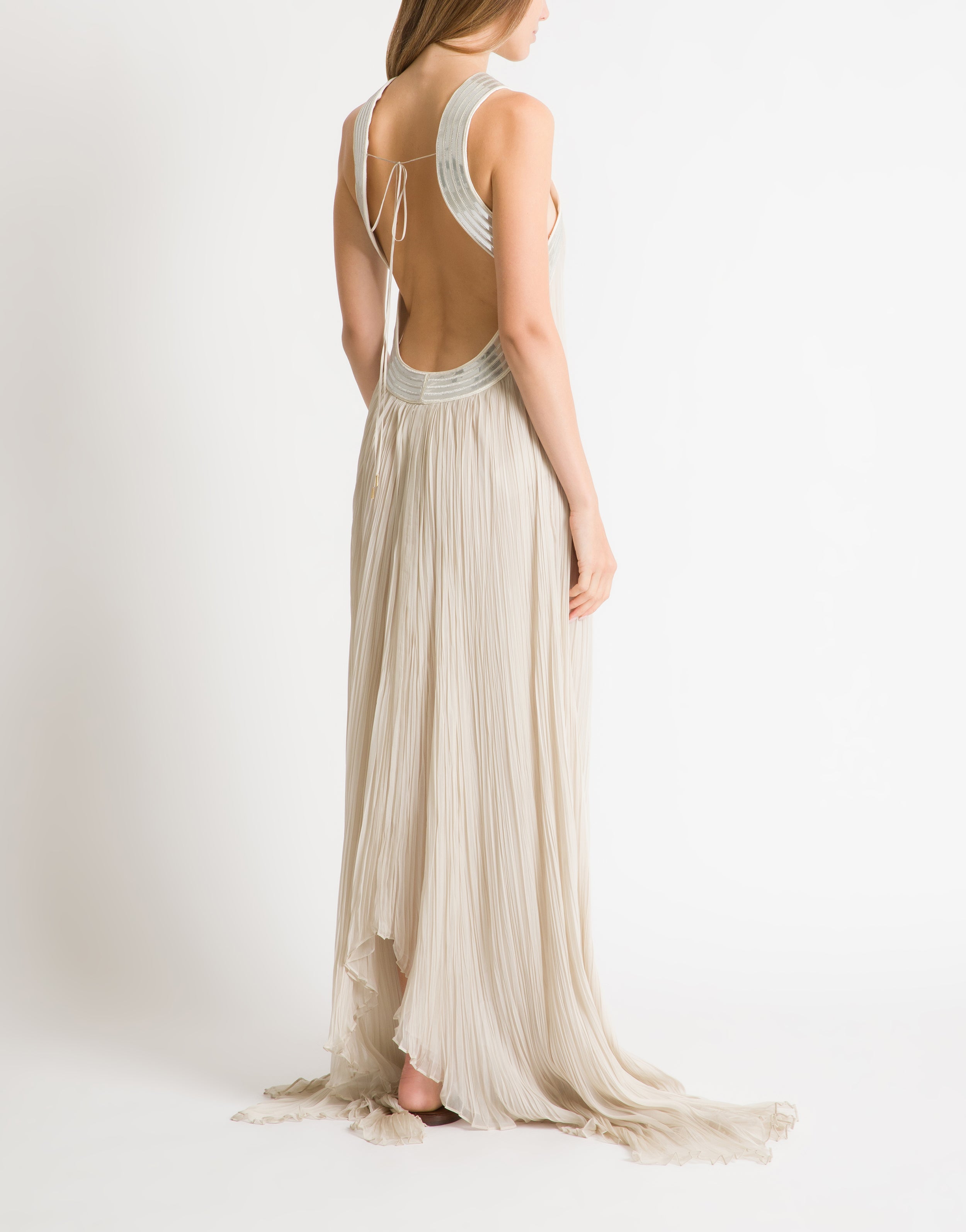 Plissé chiffon gown with metallic embroidered collar | Alberta