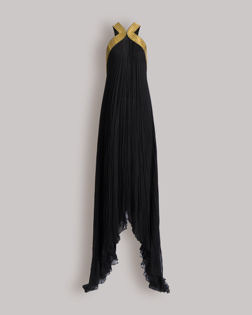 Vestido largo de gasa plisada con bordados metálicos Negro Alberta Ferretti Boutique Online 0