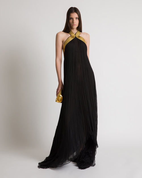 Vestido largo de gasa plisada con bordados metálicos Negro Alberta Ferretti Boutique Online 1