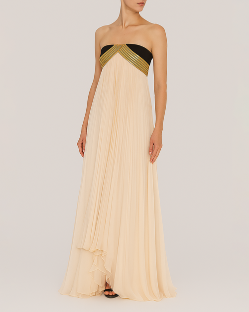 Pleated Chiffon Gown with Metallic Embroidery White Alberta Ferretti Boutique Online 1