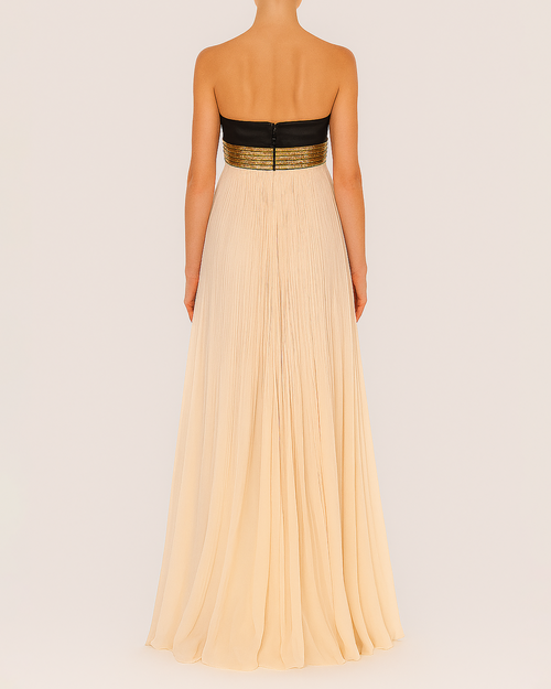 Pleated Chiffon Gown with Metallic Embroidery