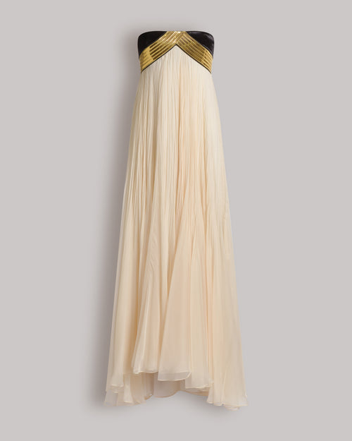 Pleated Chiffon Gown with Metallic Embroidery