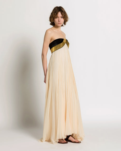 Pleated Chiffon Gown with Metallic Embroidery White Alberta Ferretti Boutique Online 0