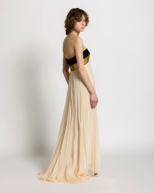 Pleated Chiffon Gown with Metallic Embroidery White Alberta Ferretti Boutique Online 1