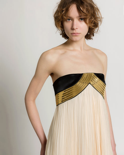 Pleated Chiffon Gown with Metallic Embroidery