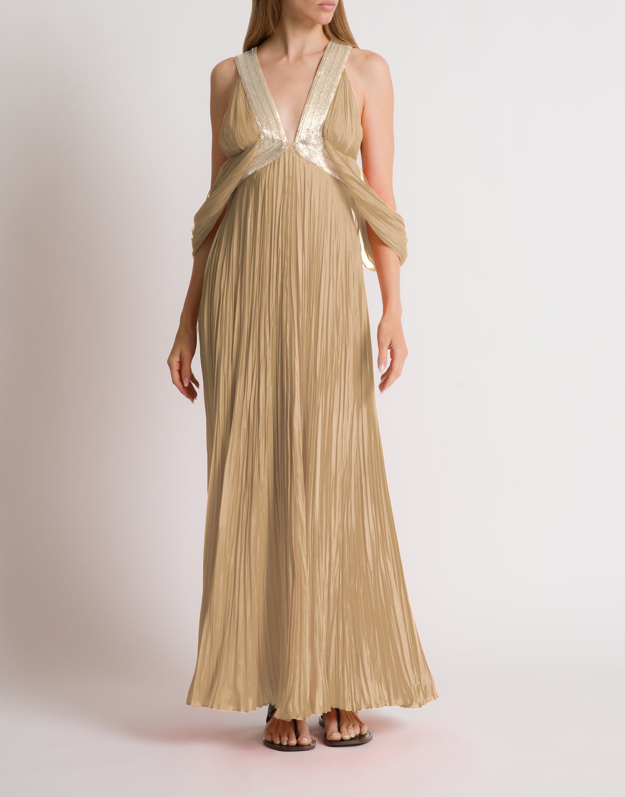 Abito lungo in chiffon plissé con dettaglio oro Beige Alberta Ferretti Boutique Online 2