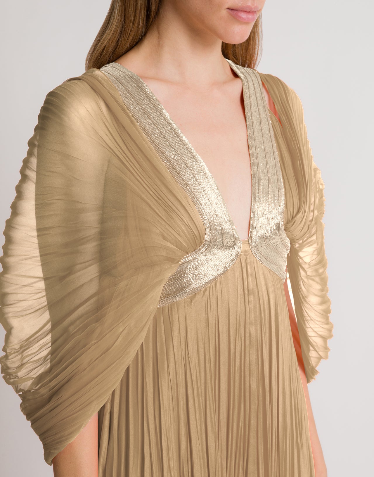 Abito lungo in chiffon plissé con dettaglio oro Beige Alberta Ferretti Boutique Online 4