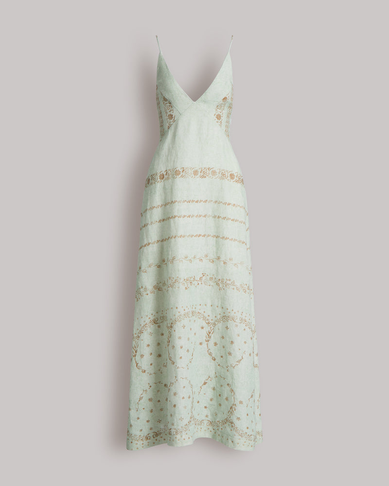 Printed long linen dress Light blue Alberta Ferretti Boutique Online 0