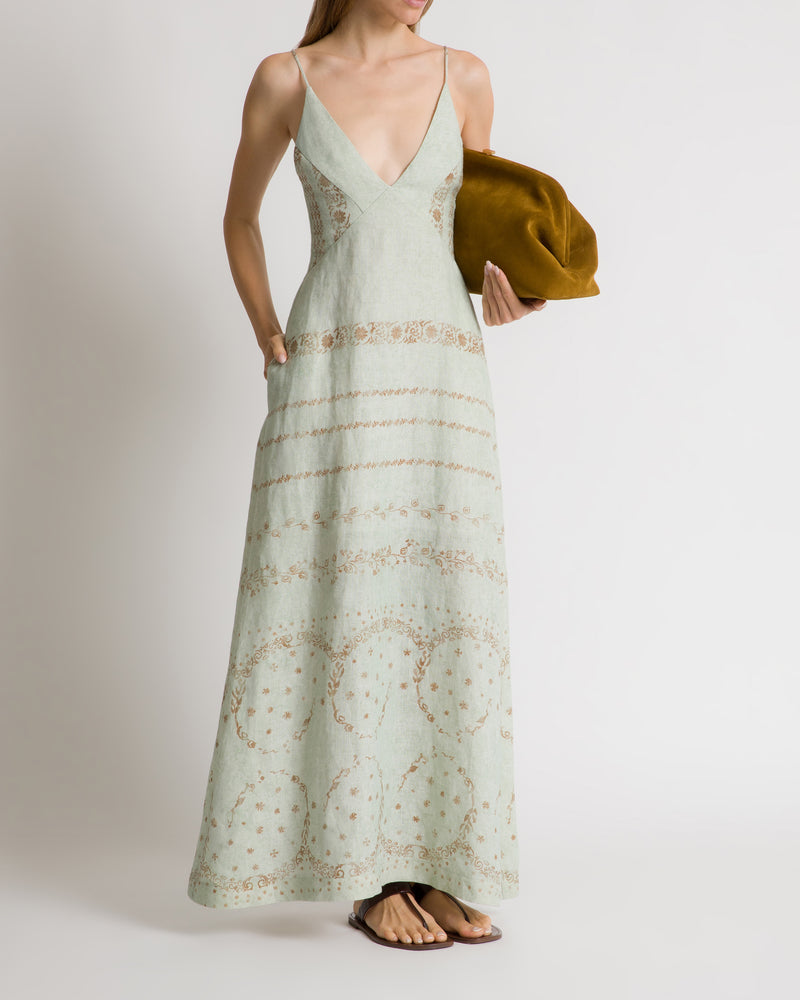 Printed long linen dress Light blue Alberta Ferretti Boutique Online 1