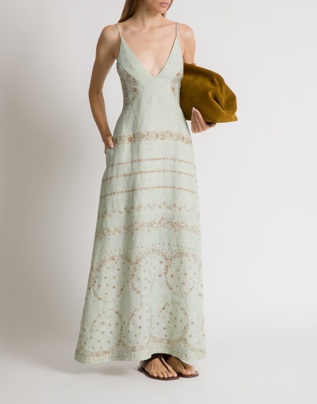 Abito lungo in lino stampato Azzurro Alberta Ferretti Boutique Online 2