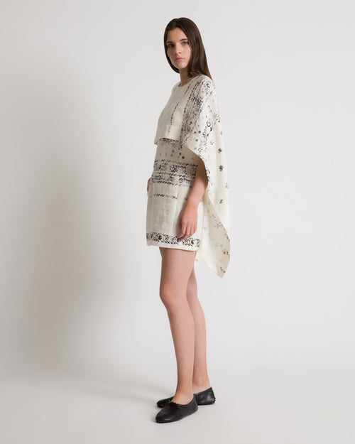 Abito corto in lino stampato con mantellina Bianco Alberta Ferretti Boutique Online 1
