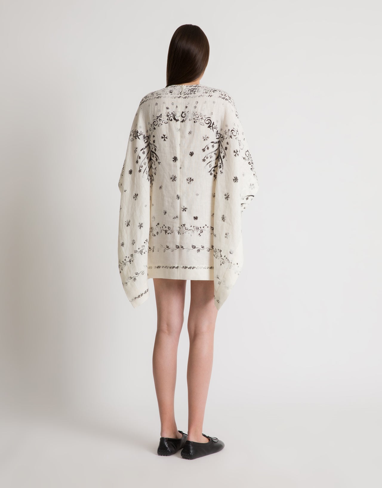 Vestido corto de lino estampado con mantilla Blanco Alberta Ferretti Boutique Online 3