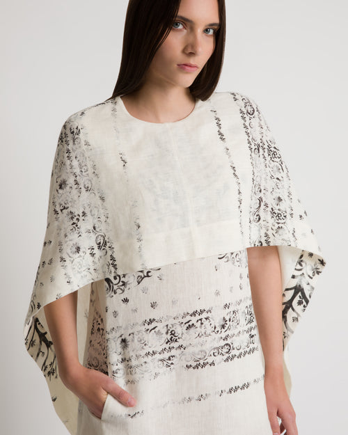Abito corto in lino stampato con mantellina