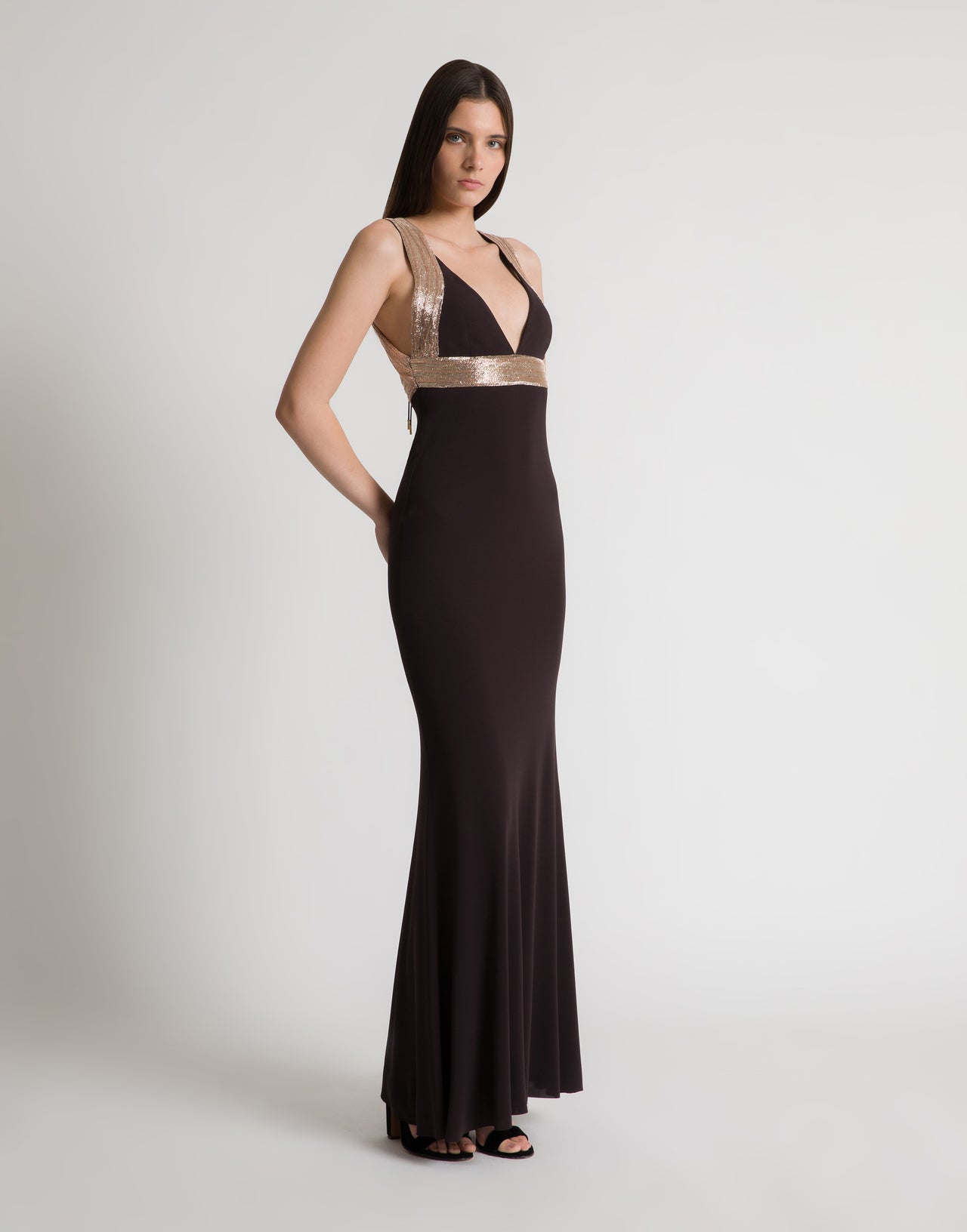 Vestido largo con detalles bordados en contraste Marrón Alberta Ferretti Boutique Online 2