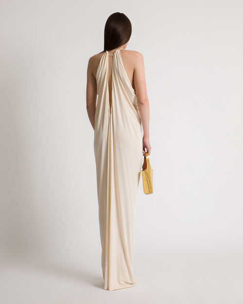 Draped long gown with open back