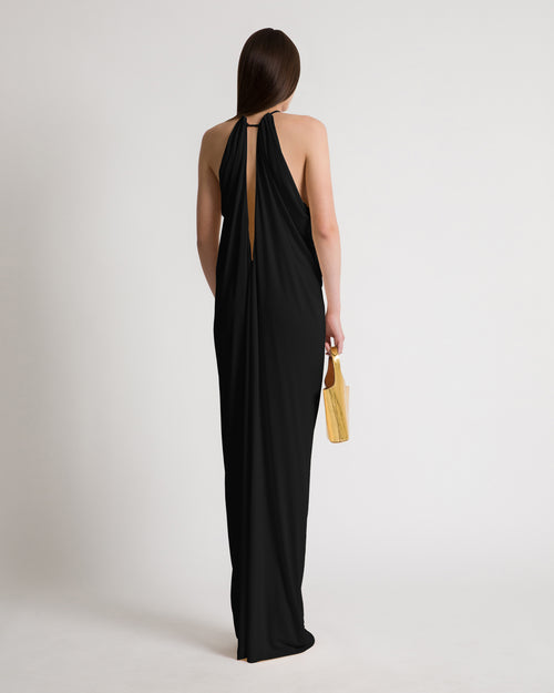 Draped long gown with open back