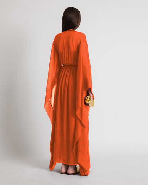 Long silk gown with flowing sleeves
