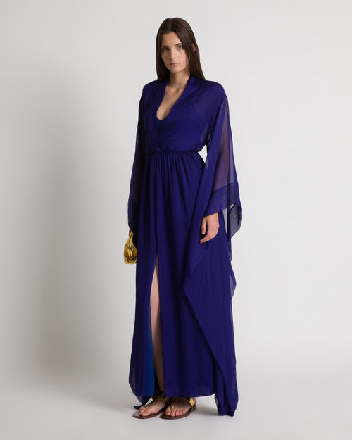 Long silk gown with flowing sleeves Blue Alberta Ferretti Boutique Online 1