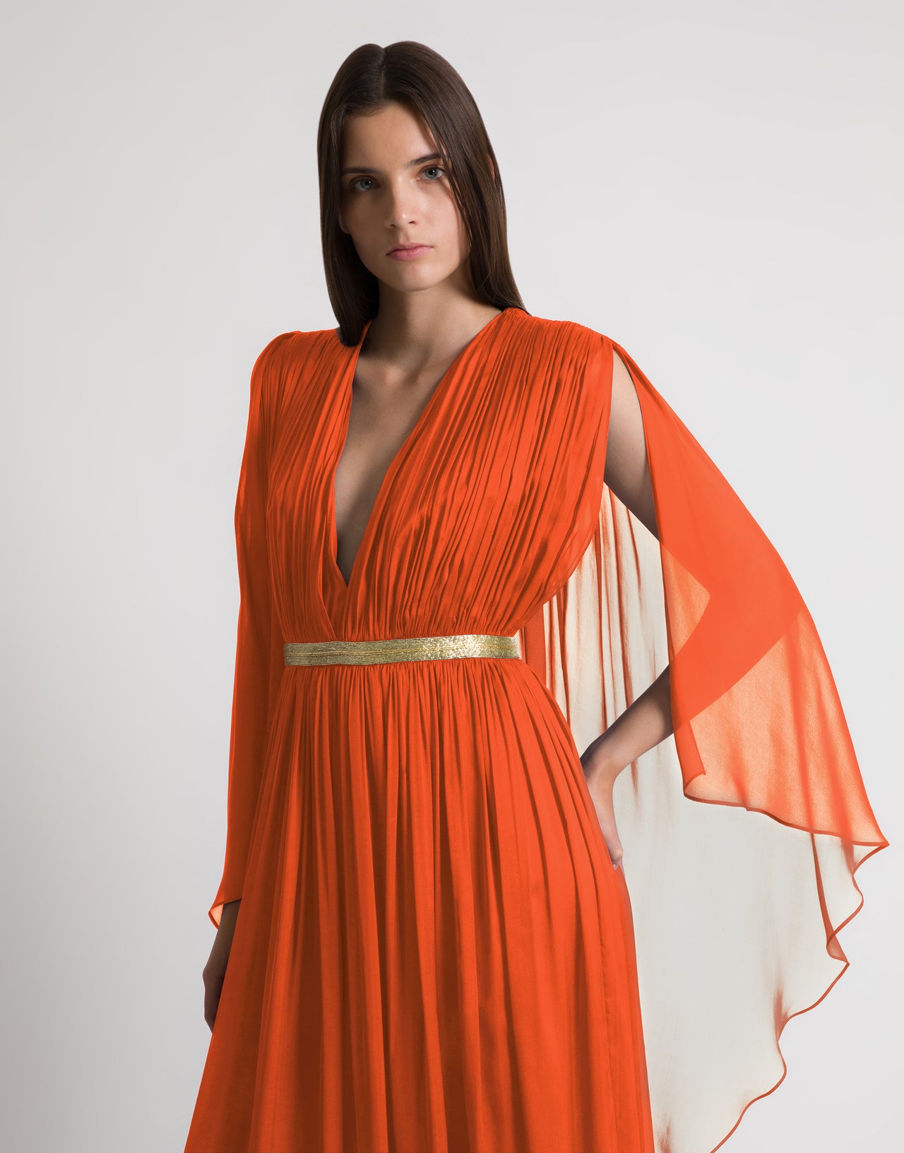 Long silk gown with shoulder-revealing cape Orange Alberta Ferretti Boutique Online 2