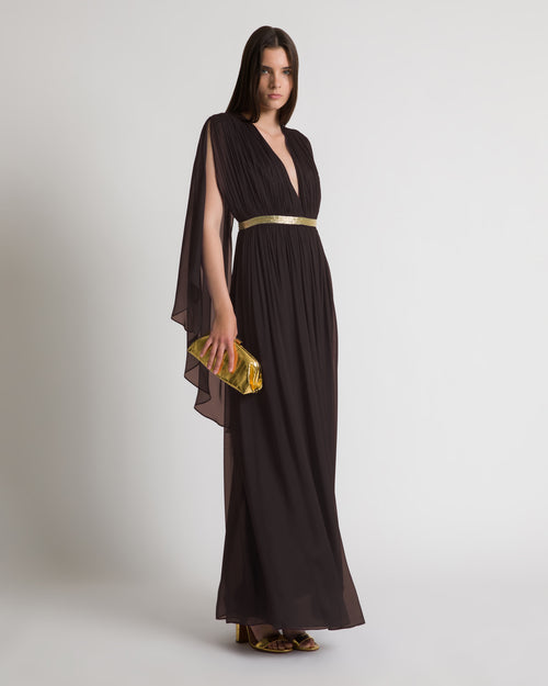 Long silk gown with shoulder-revealing cape Brown Alberta Ferretti Boutique Online 1