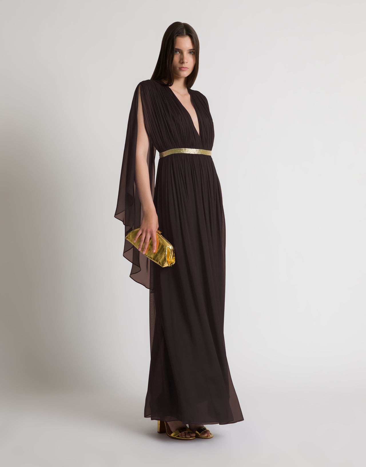 Abito lungo in seta con mantellina Marrone Alberta Ferretti Boutique Online 2