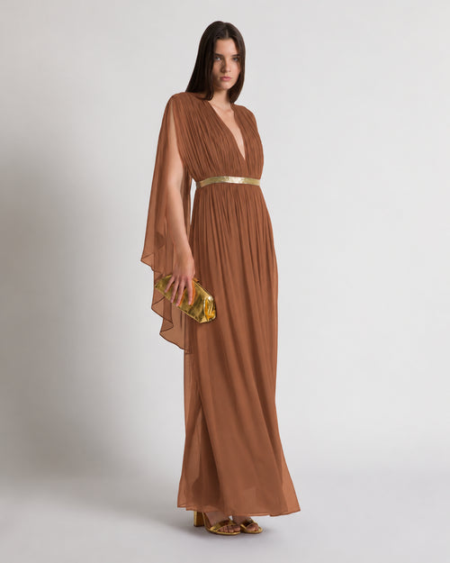 Long silk gown with shoulder-revealing cape ブラウン Alberta Ferretti Boutique Online 1