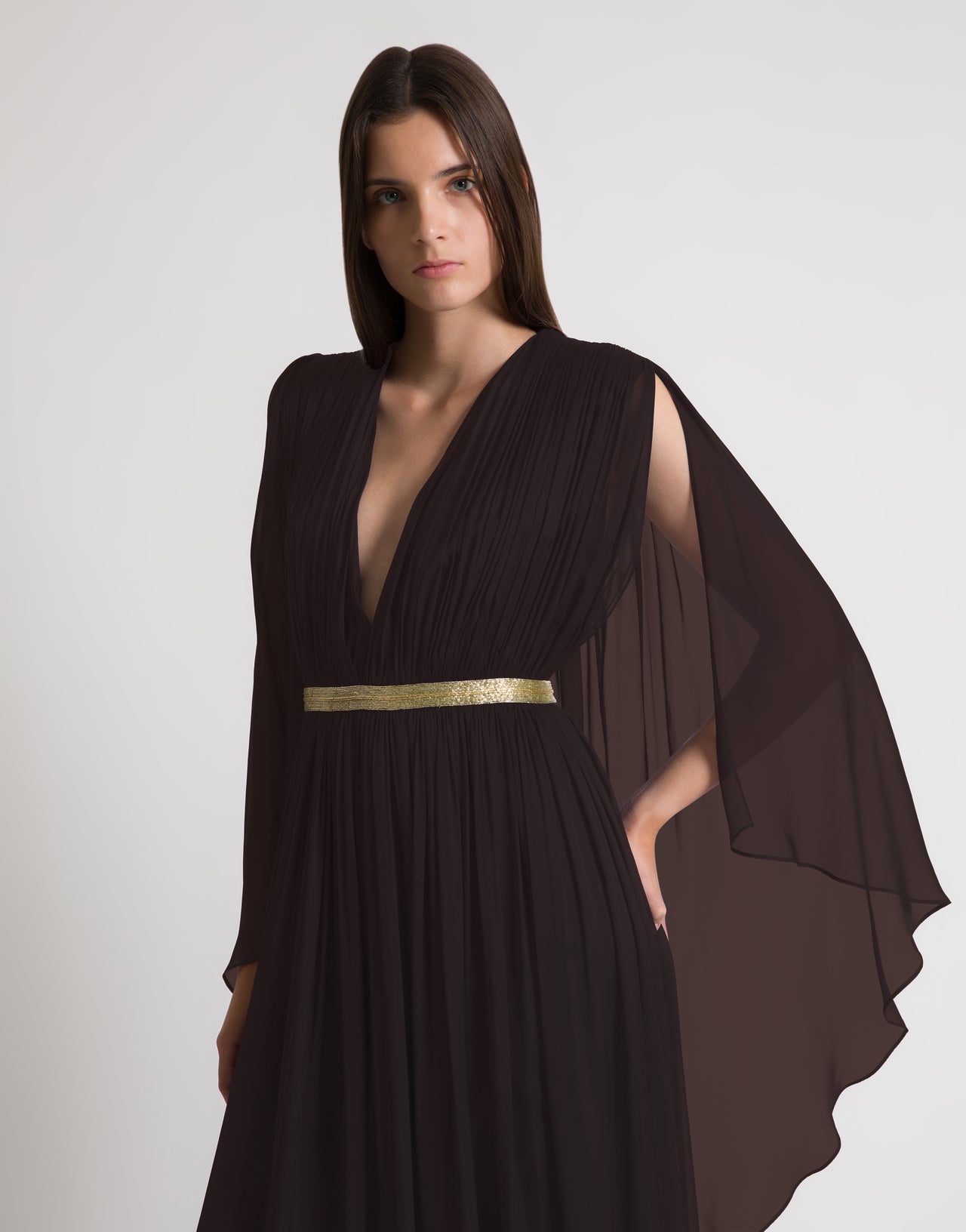 alberta ferretti dress Long silk gown with shoulder-revealing cape