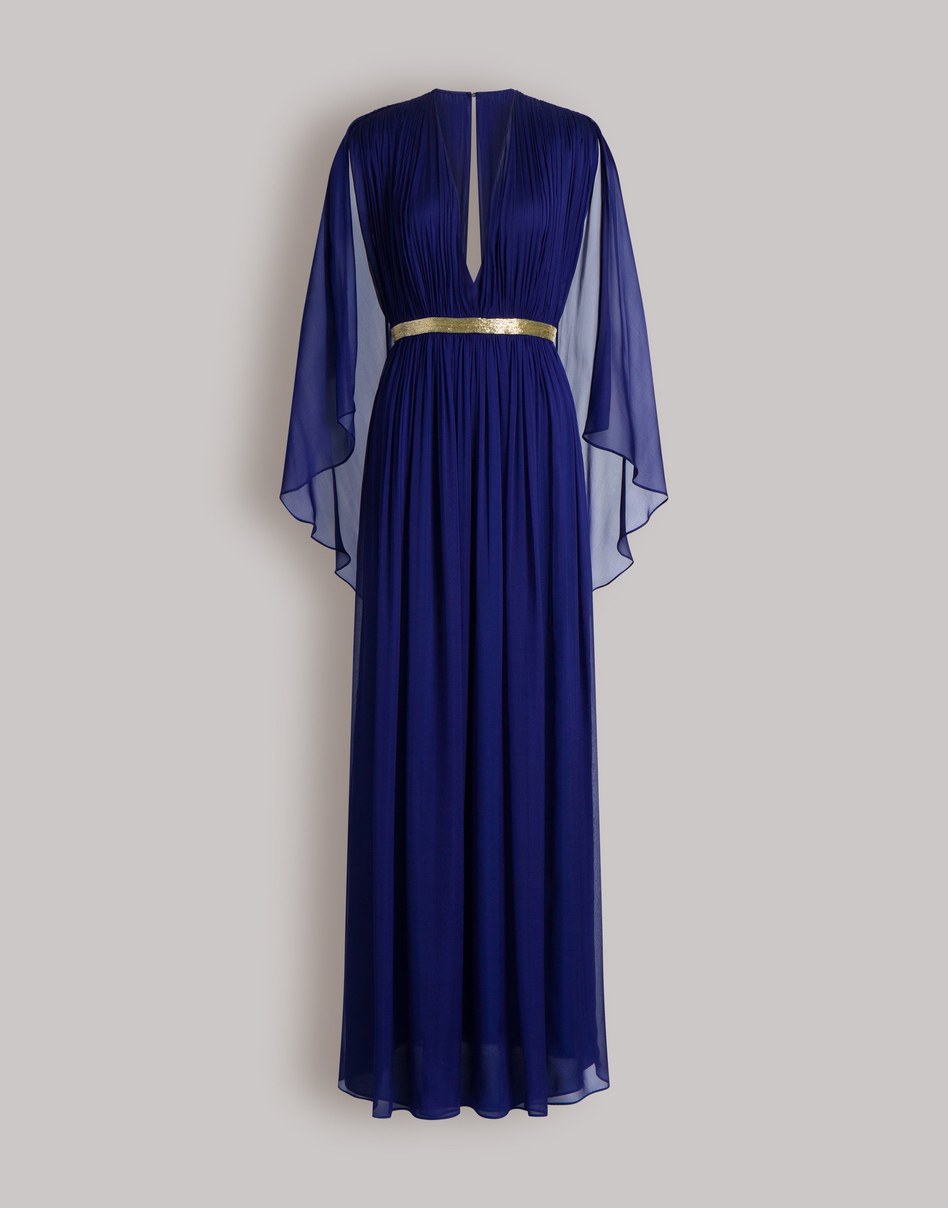 Long silk gown with shoulder-revealing cape 42