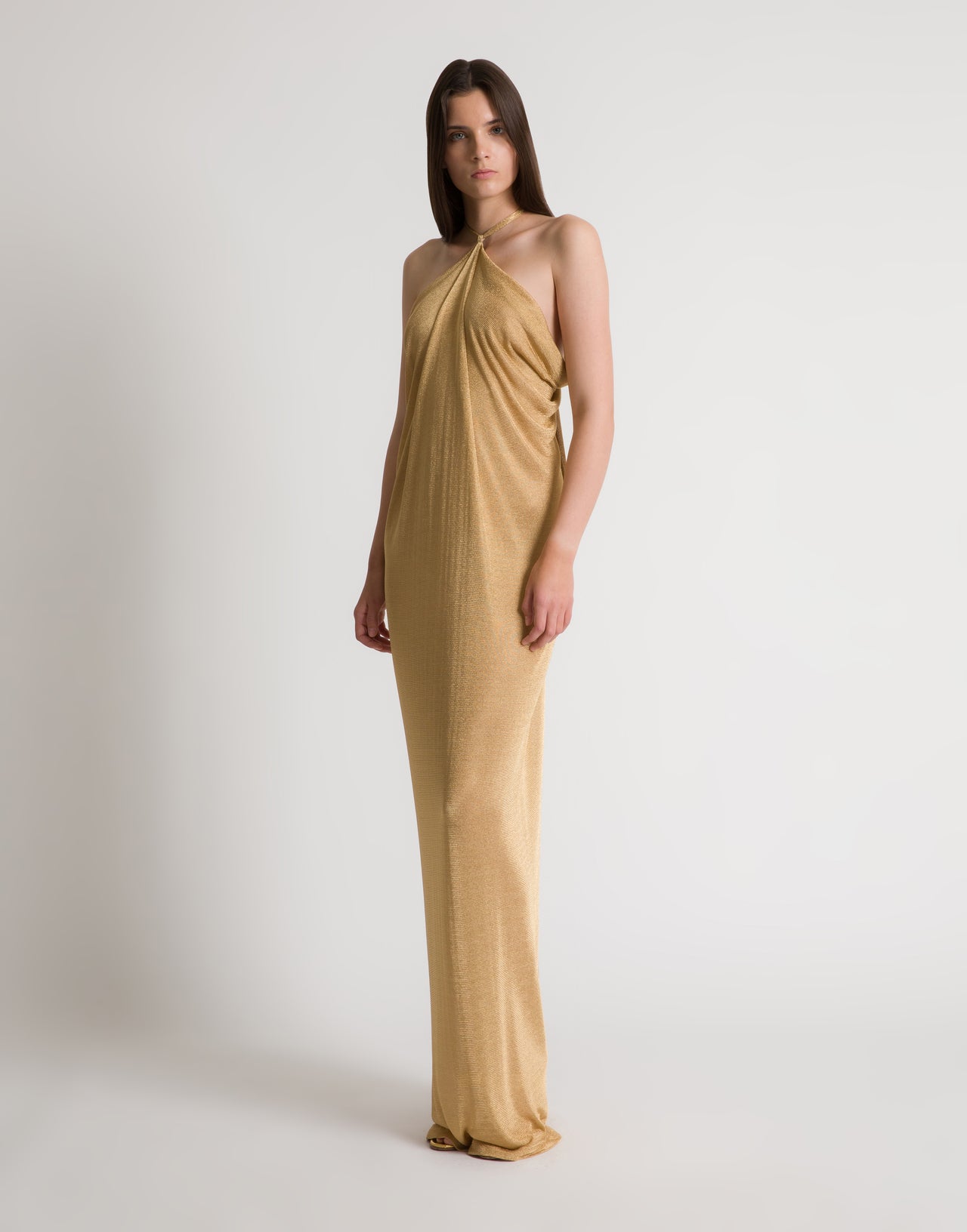 Gold lurex draped long dress with open back - 44 Gold lurex draped long dress with open back - 44