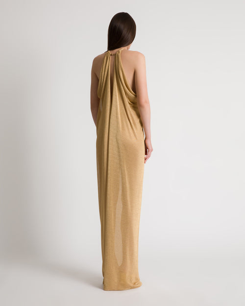Abito lungo in lurex oro con schiena scoperta