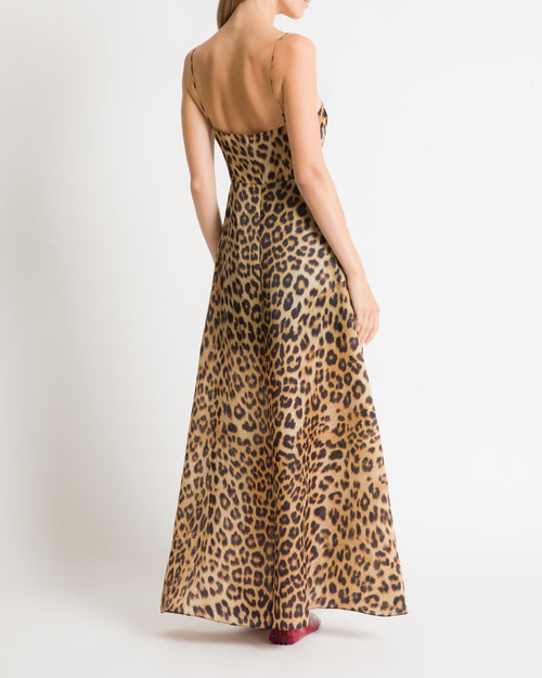 Abito lungo in organza stampa leopardo