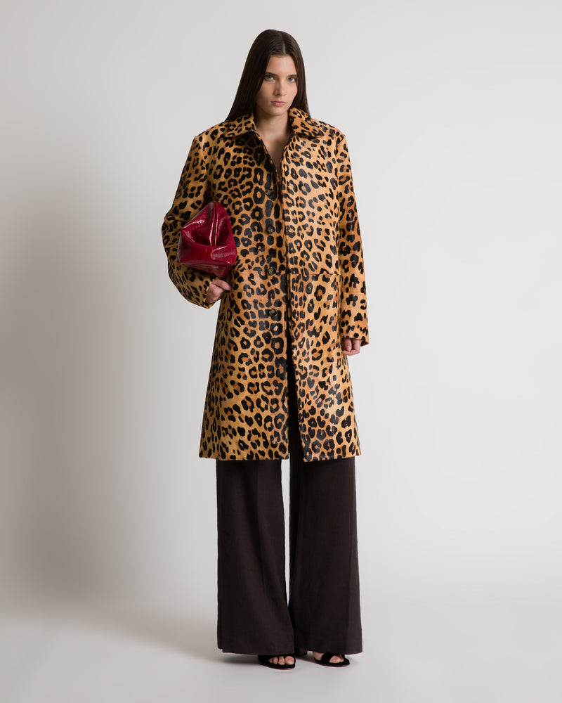 Cappotto in pelle effetto cavallino stampa leopardata Marrone Alberta Ferretti Boutique Online 1