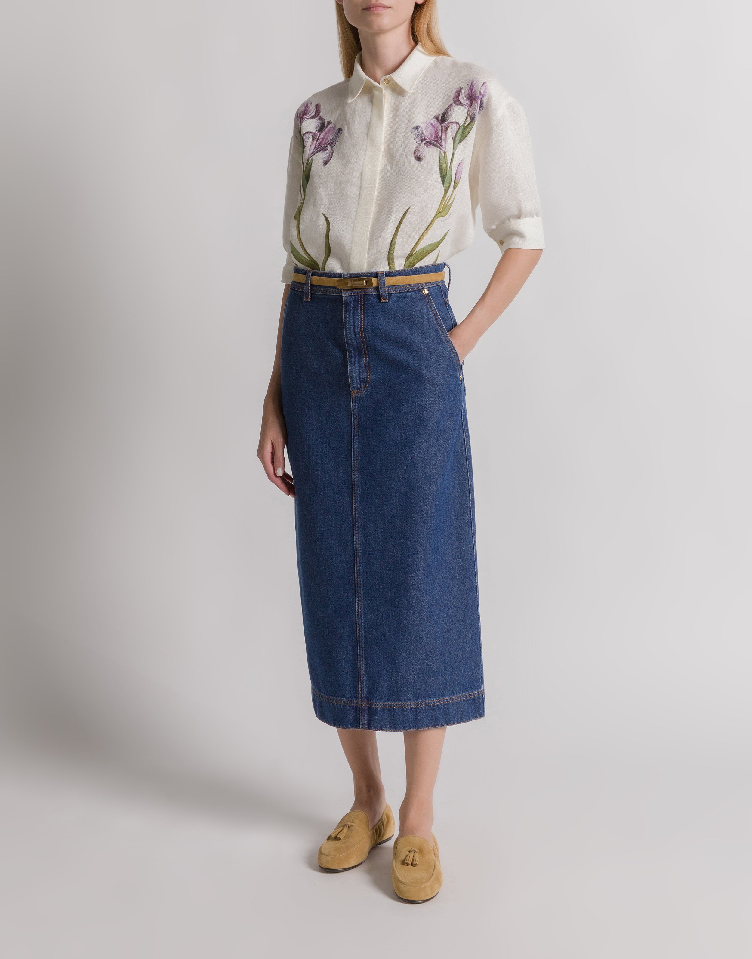 〈美品〉Ameri / RIB MIX DENIM SKIRT 25inch Denim midi skirt | Alberta Ferretti