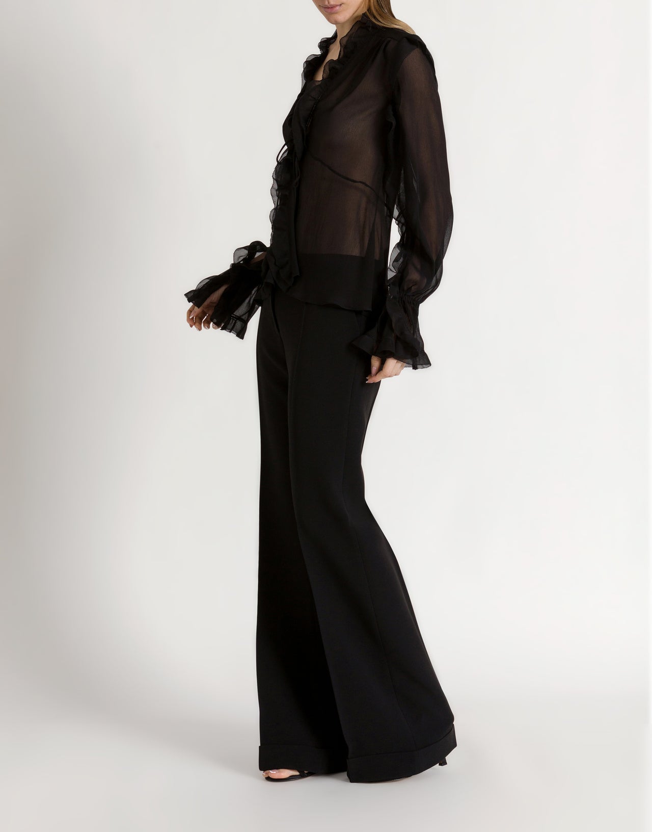 Blusa in crêponne di seta con volant Nero Alberta Ferretti Boutique Online 2