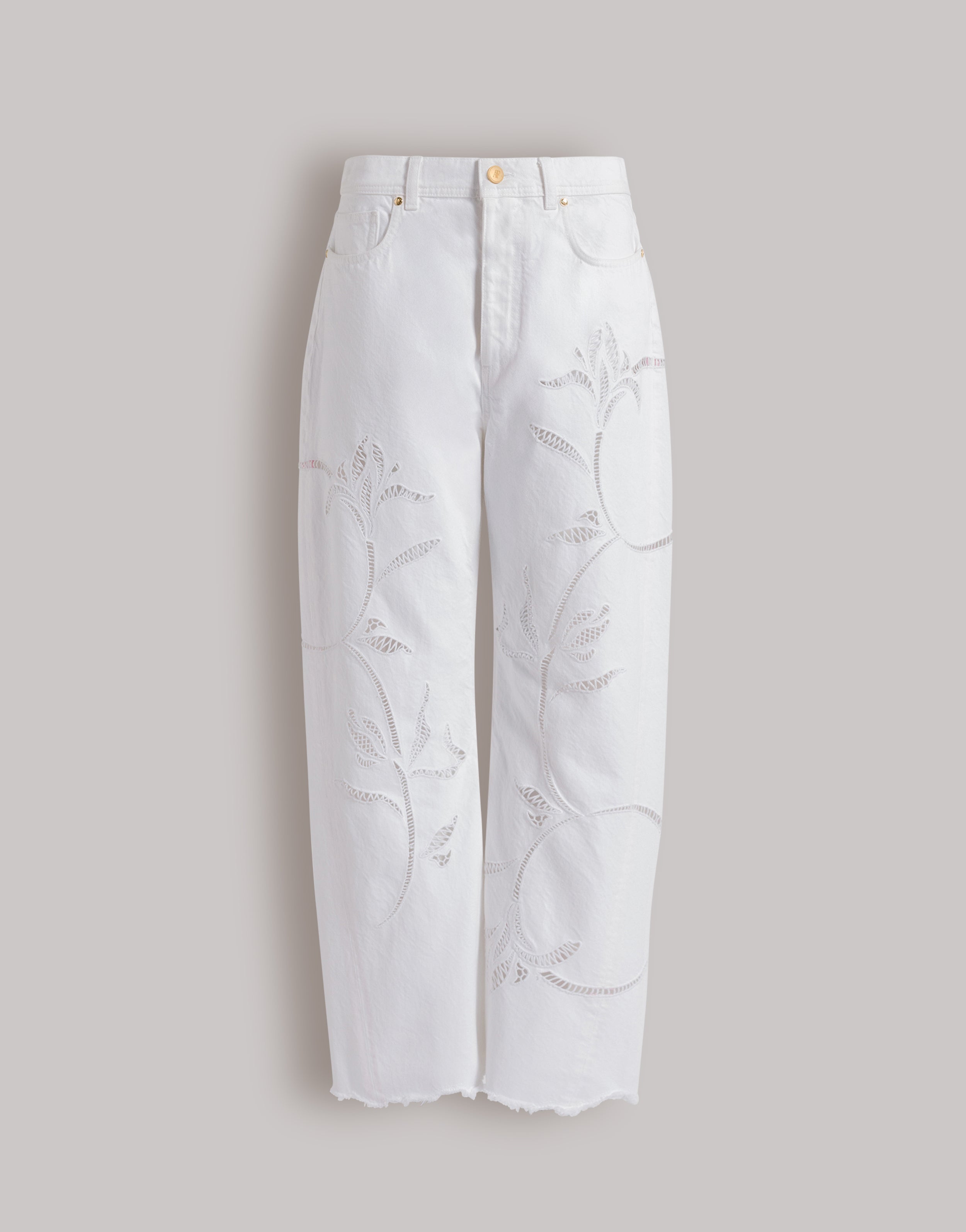 美品Ameri CHECK EMBROIDERY STRAIGHT PANTS Denim trousers with floral embroidery | Alberta Ferretti