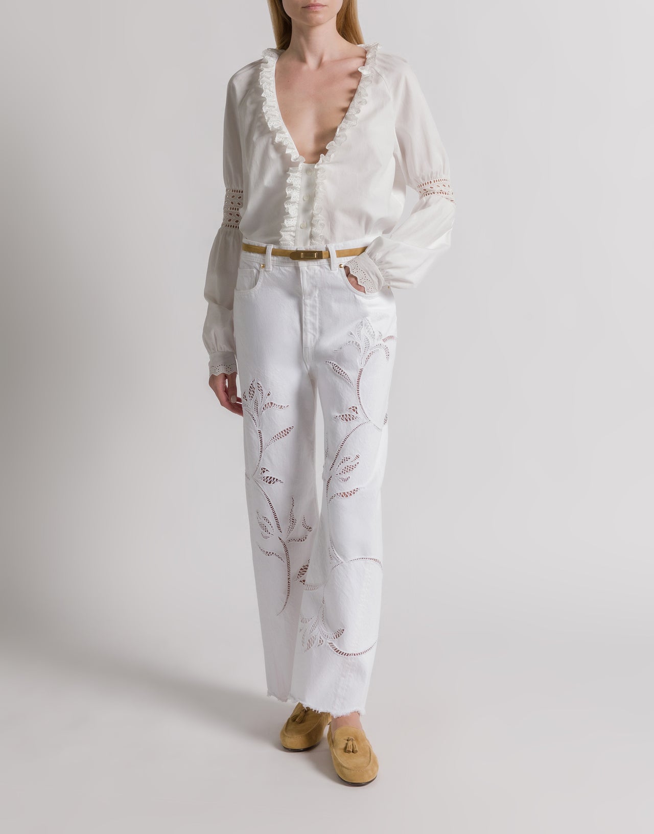 Denim trousers with floral embroidery White Alberta Ferretti Boutique Online 2
